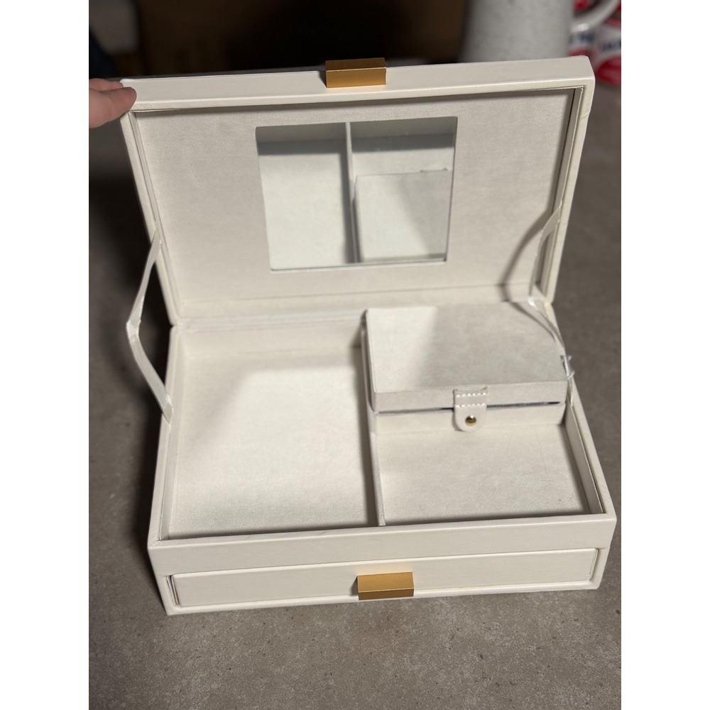Cream Faux Leather Jewelry Box Organizer with Mirror & Travel Case Gold Accents